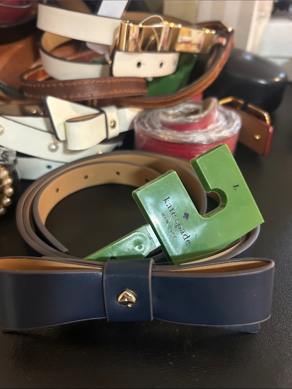 kate spade Navy Bow Leather Belt with Green Buckle Accent